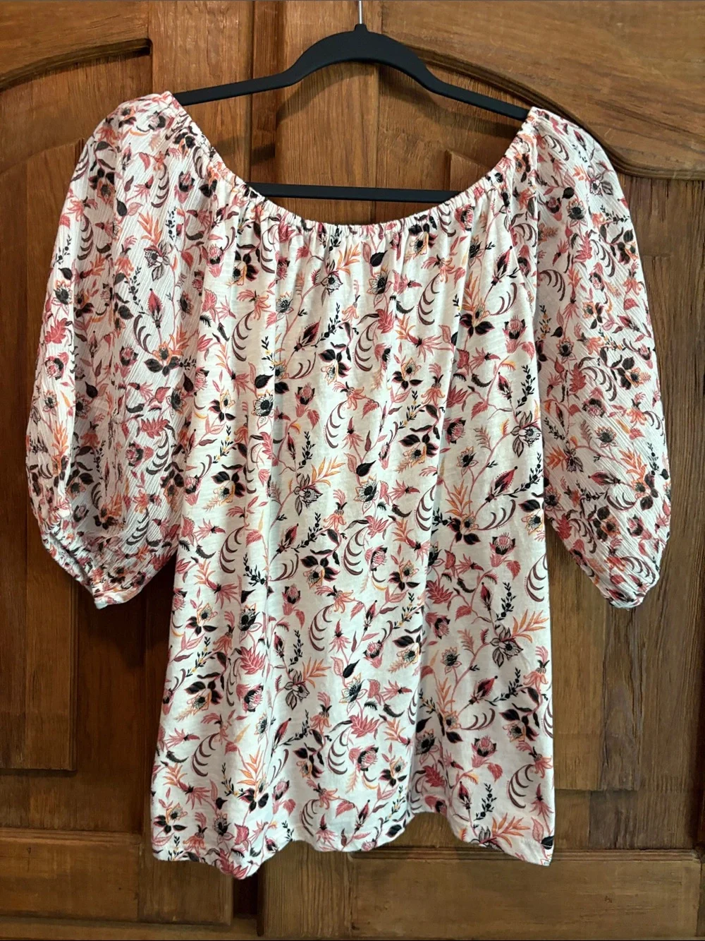 LOFT Cream Floral Off-Shoulder Puff Sleeve Blouse with Coral and Black Print